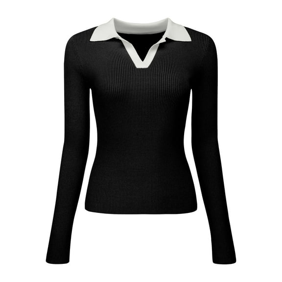 Unique Bargains Women's Polo Sweater Top V Neck Long Sleeve Ribbed Knit T Shirt 2XL Black