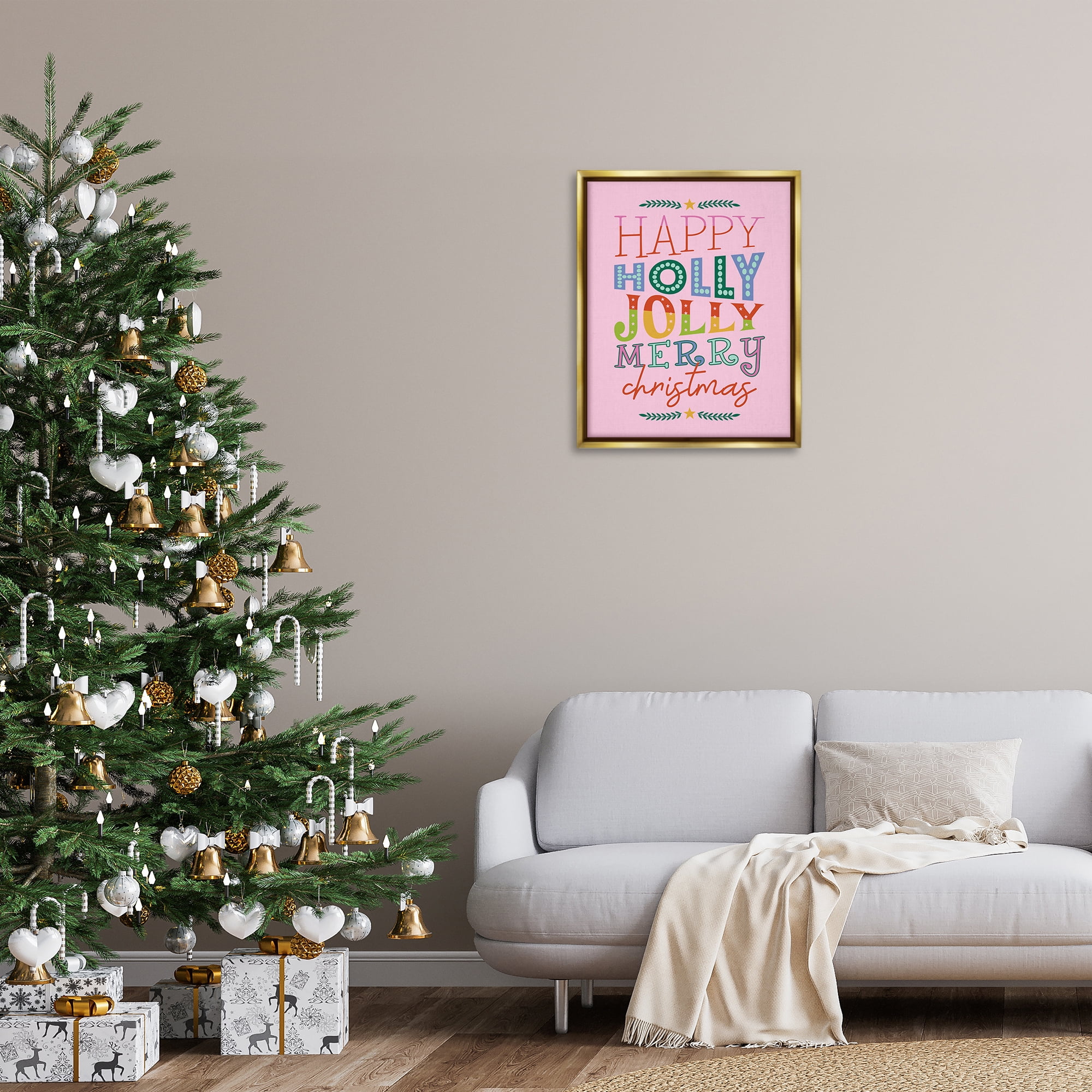 Stupell Industries Happy Holly Jolly Xmas Holiday Painting Gold Floater Framed Canvas Art Prints Wall Art, 25 x 31