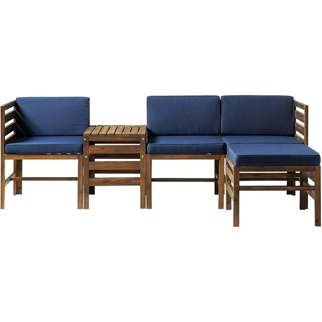 Sanibel 5 Pièces Acacia Modulaire avec Pouf et Table- Brun Foncé/bleu Marine