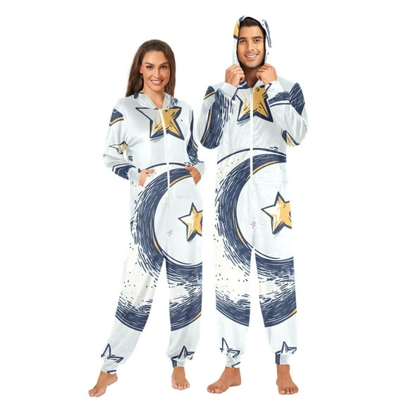 Moon and Stars Adult onesie Pajamas, Crystal Velvet Ultra Soft Warm Jumpsuit for Men and Women