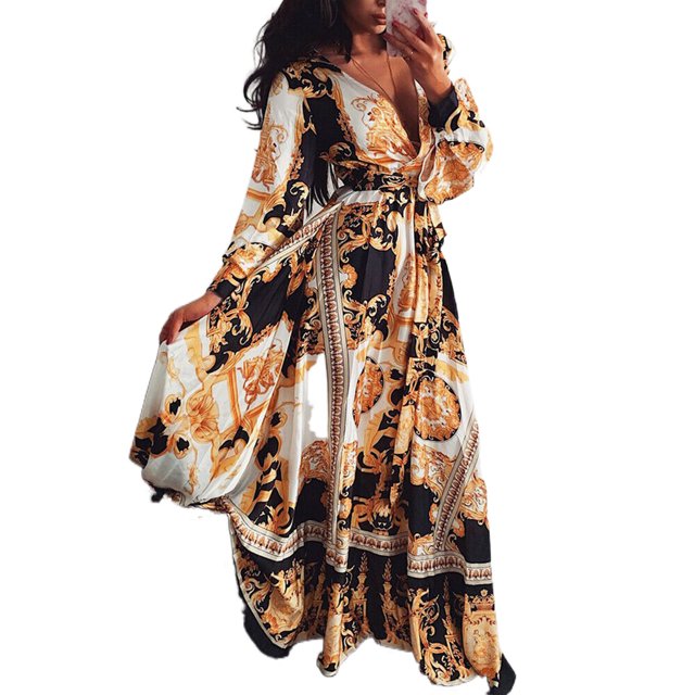 TRKIYQC, vestido bohemio de manga larga para mujer, cuello en V, cintura alta, estampado Floral, vestido largo, Vintage, informal, suelto, playa, cóctel, graduación, vestido TRKIYQC perder