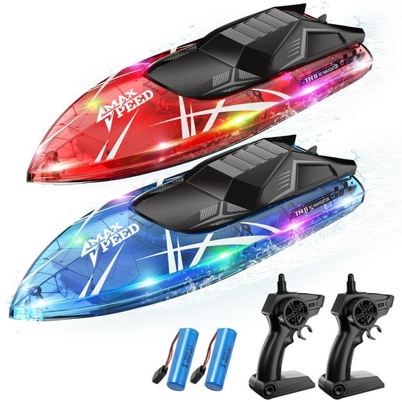 TOLLCY Remote Control Boat for Kids, 2Pack RC Boats with LED Lights for Pools Lakes River & Bathtub, 2.4Ghz Control, Whole Body Waterproof, 2 Rechargeable Batteries S