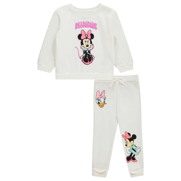 Disney Girls Sweatshirt and Sweatpants Set, Graphic Minnie & Mickey Mouse Sweat Suits for Kids Cream – 4T