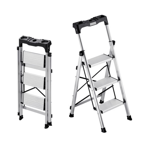 Escalera de 3 peldaños VEVOR, taburete plegable con pedal ancho antideslizante y empuñadura cómoda, escalera de aluminio portátil con capacidad de 150 kg, multiusos para cocina, color plateado