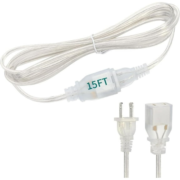 Clear Extension Cord - 15 Ft, Male to Female, UL-Certified, 2 Prong Indoor, 2 x 16AWG 10A/250V