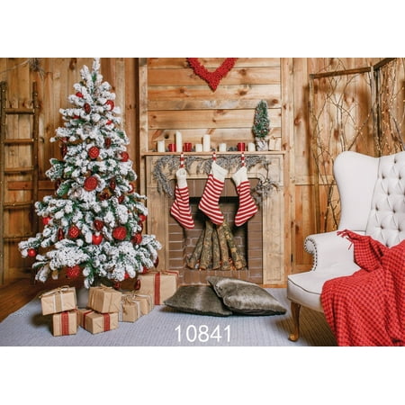 GreenDecor Polyester Fabric 7x5ft Christmas Backdrops For Photography Children Christmas Tree and Gift Socks Fireplace Photo