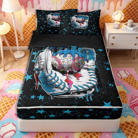 Castle Fairy Baseball Glove Print Zipper Twin Comforter Sets with Fitted Sheet and 2 Pillowcases, Graffiti Stars Print Zipper Bedding Set, Black Blue White,4-Piece,Black Reversible