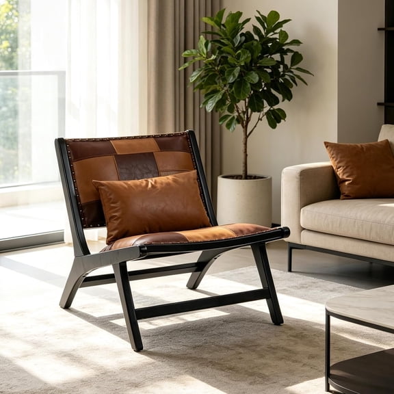 New Antique Brown PU Leather Boho Accent Chair – Mid Century Lounge Chair with Solid Wood Frame, for Living Room or Balcony, Indoor/Outdoor