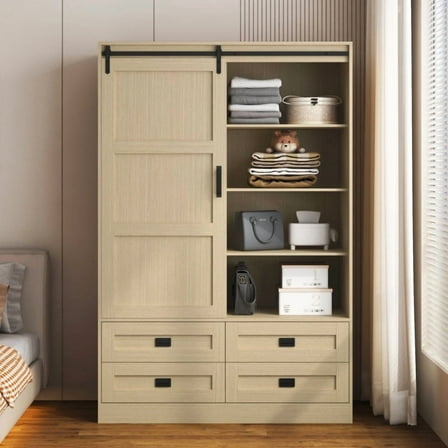 [Luckynote]Tall Bedroom Armoire Wardrobe Closet Clothing Storage Cabinet with Hanging Rod Barn Door Drawers Open Shelves