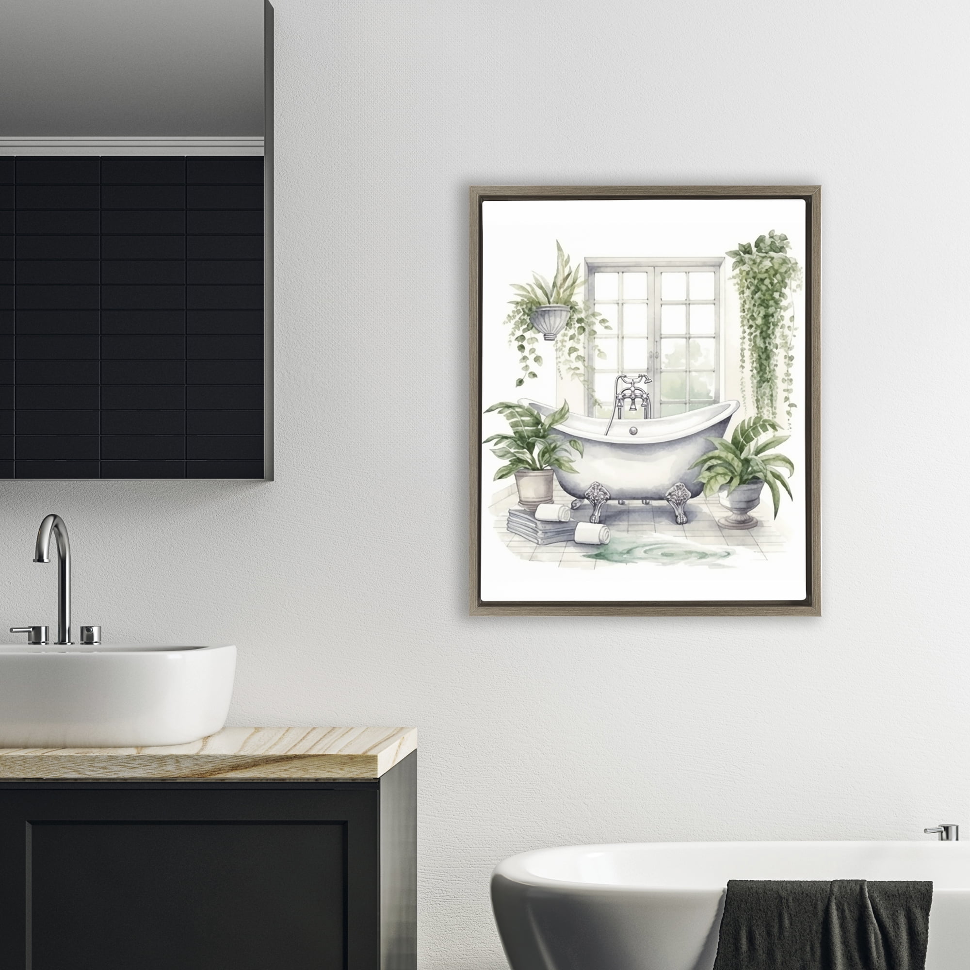 Lush Greenery Bathtub & Window Brown Framed Floater Canvas Wall Art, design by Lettered and Lined