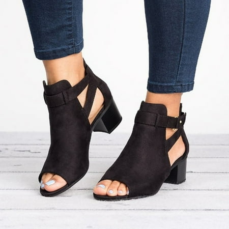 

Egmy Women s Plus Size Suede Chunky Heel Buckle Sandals Round Head Fish Mouth Shose