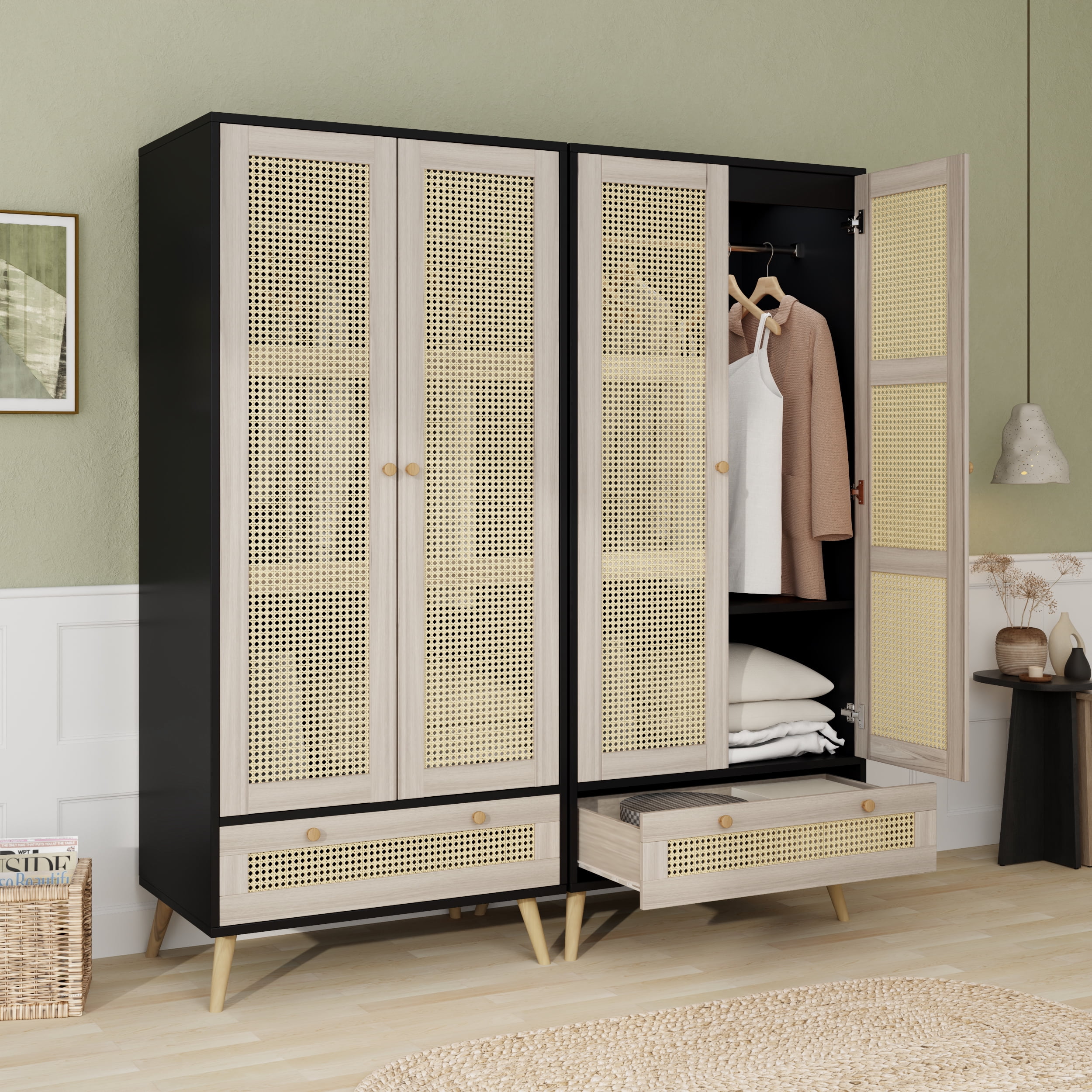 Euroco Modern 2 Door Armoire Wardrobe Closet, Rattan Clothes Cabinet with Drawer and Hanging Rod, Natural