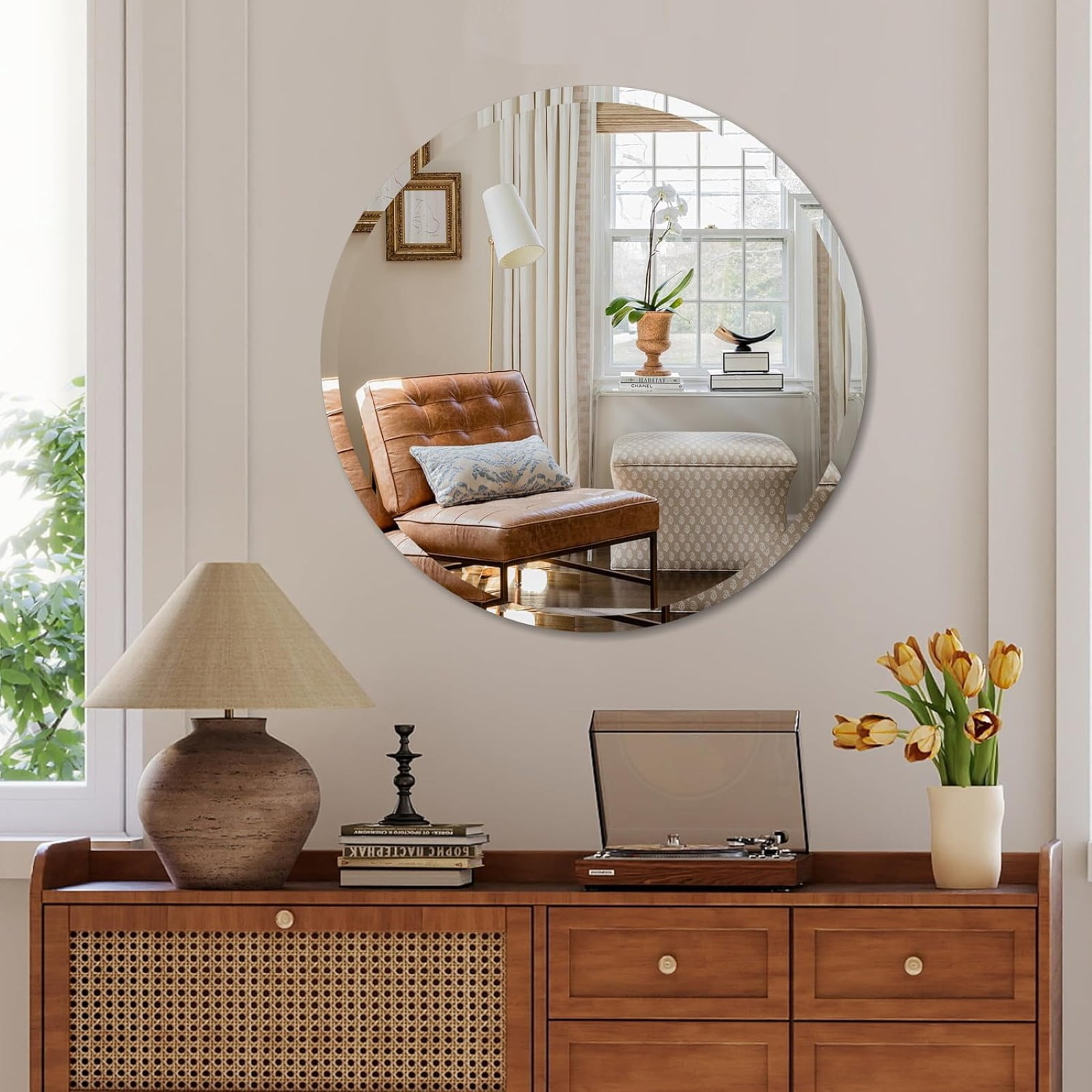 Gleamira 24" Frameless Bathroom Mirror Round Beveled Edges Wall Mirror Decorative Vanity Mirror for Bathroom