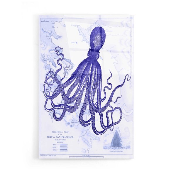 Epic Art 'Blue Octopus 1 on Nautical Map' by Fab Funky, Acrylic Glass Wall Art, 16"x24"