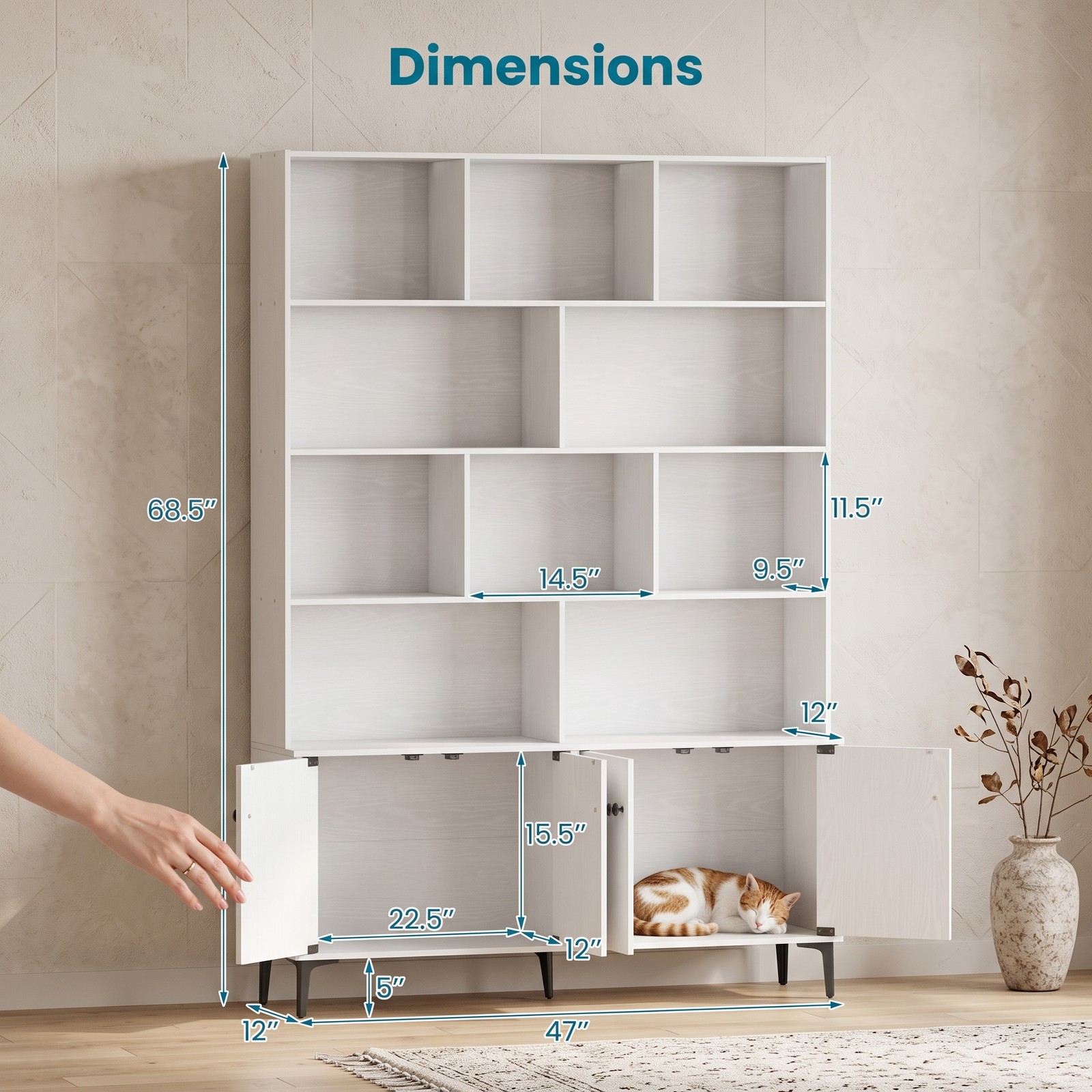 Furnibear 68.5" White Bookshelf with 4 Doors and Open Shelves, Tall Freestanding Bookcase Storage Cabinet with Anti-Tipping Kits and Metal Legs for Home Office, White