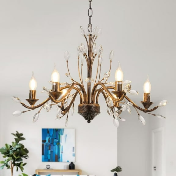 FINE MAKER 27 Inch 6 Light American Crystal Chandelier, Vintage Candle Crystal Chandelier for Living Room, Bedroom, Dining Room