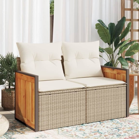 Beige Garden Sofa Set, 2-Seater Outdoor Patio Furniture, Weather Resistant Wicker Sofa with Storage for Balcony & Small Spaces