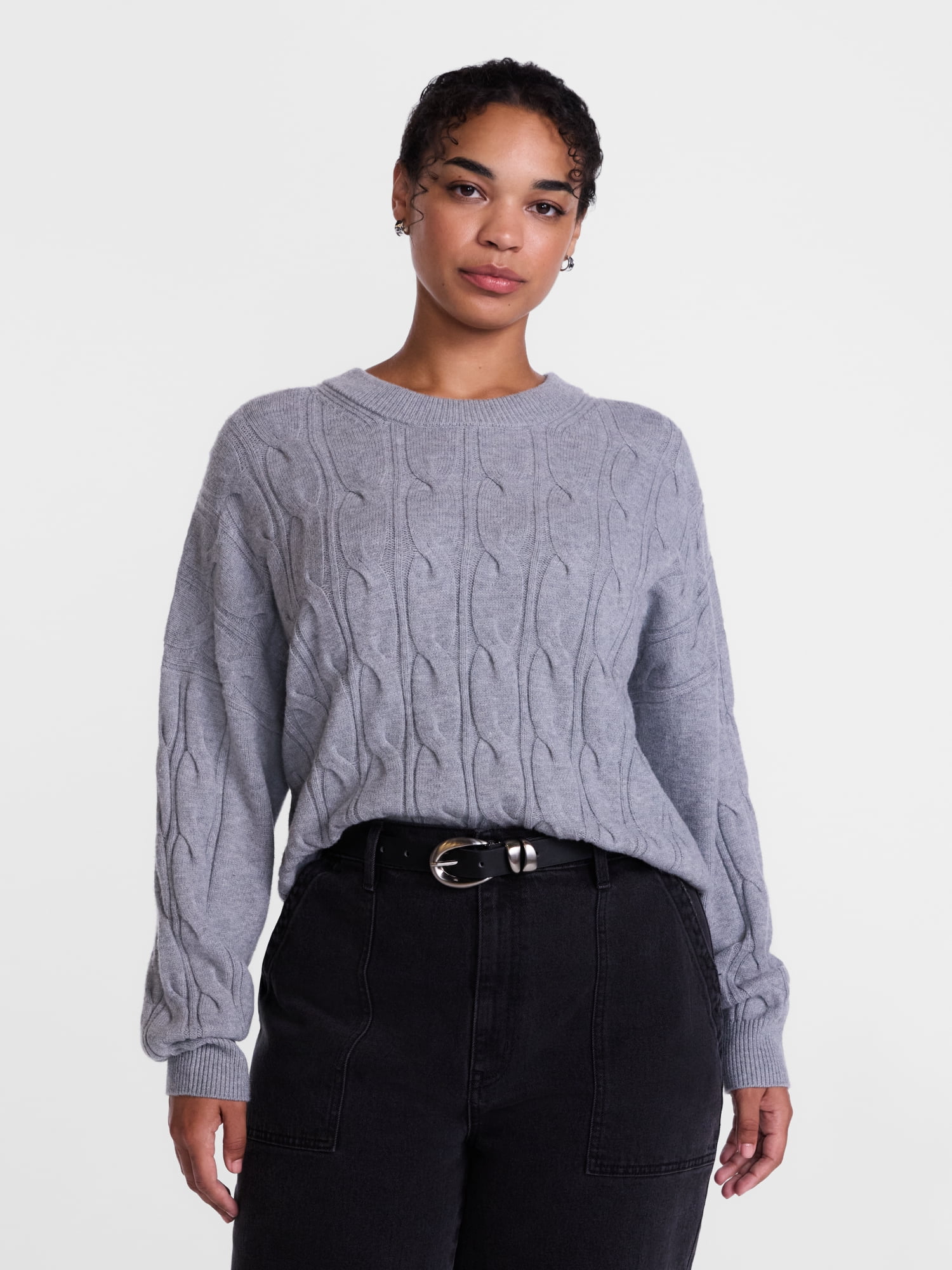 Scenario Women's Crewneck Cable Knit Mid-weight Sweater, Sizes XS-XXXL