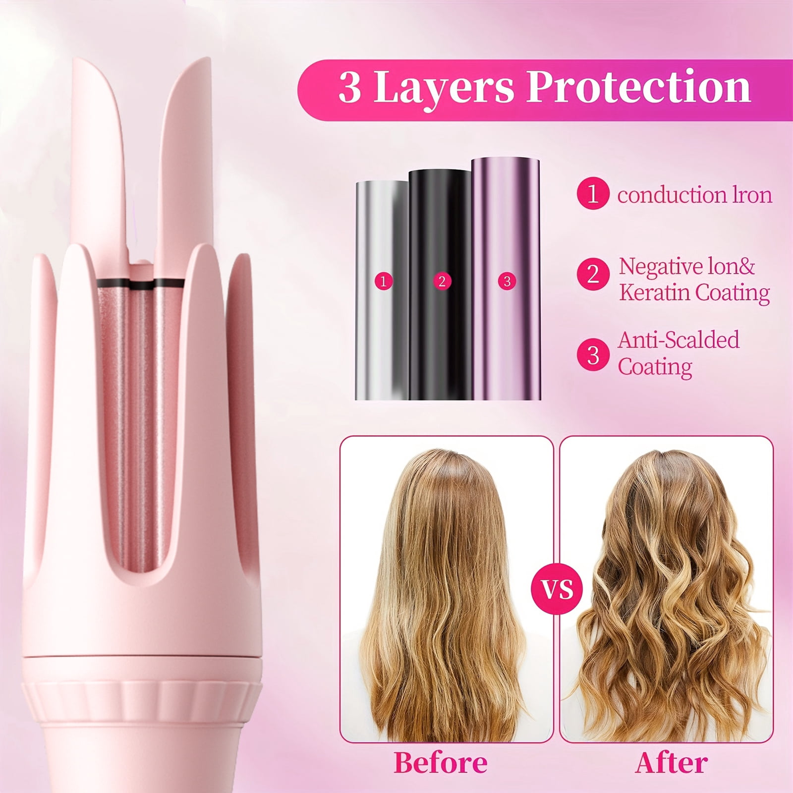 Automatic Rotating Curler Beach Waves Hair Curling Iron, 1.25 Inch Ceramic Coated, 500M Ionic, Dual Voltage, Lightweight, Pink
