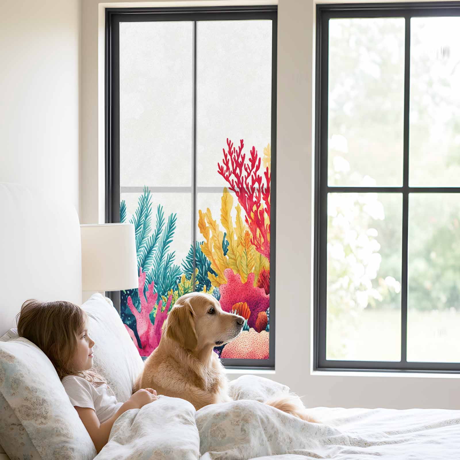 Ocean Coral Window Privacy Film, Summer Underwater Plant Watercolor Style Coastal Frosted Glass Window Clings Static Cling UV Heat Blocking Reusable Door Sticker for Bathroom 23.6 x 59 Inch