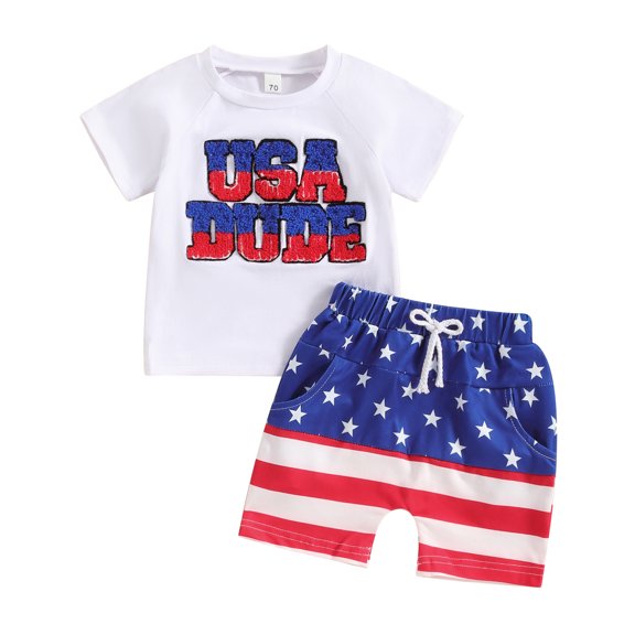 Elippeo Toddler Boys Memorial Day Outfits 6 12 18 24 Months 3 Years Letter Embroidery T-Shirt and Elastic Star Stripe Shorts for 2 Piece Clothes Set