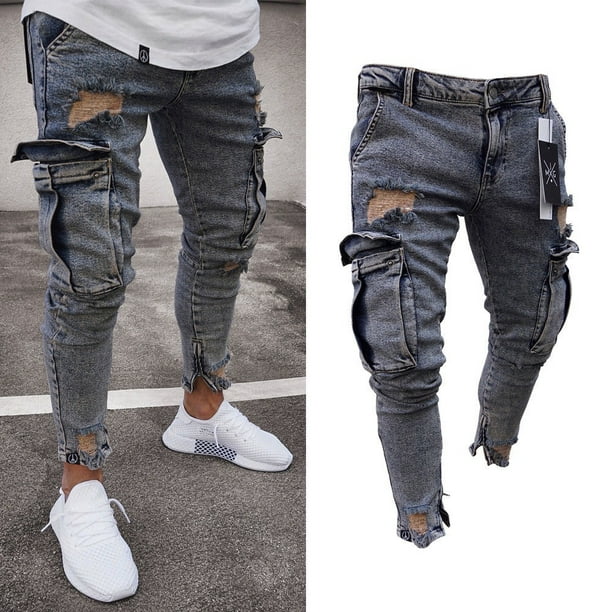 High-quality Men Fashion Distressed Ripped Skinny Jeans Slim Fit Motorcycle  Moto Biker Jeans Elastic Denim Hip hop Punk Jeans