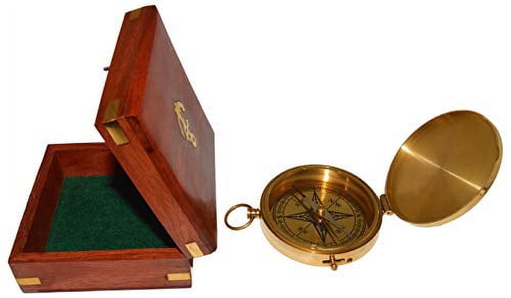 Large 4" Brass Compass with Rosewood Storage Box, Fully Functional Nautical Pirate Cosplay Costume Decoration