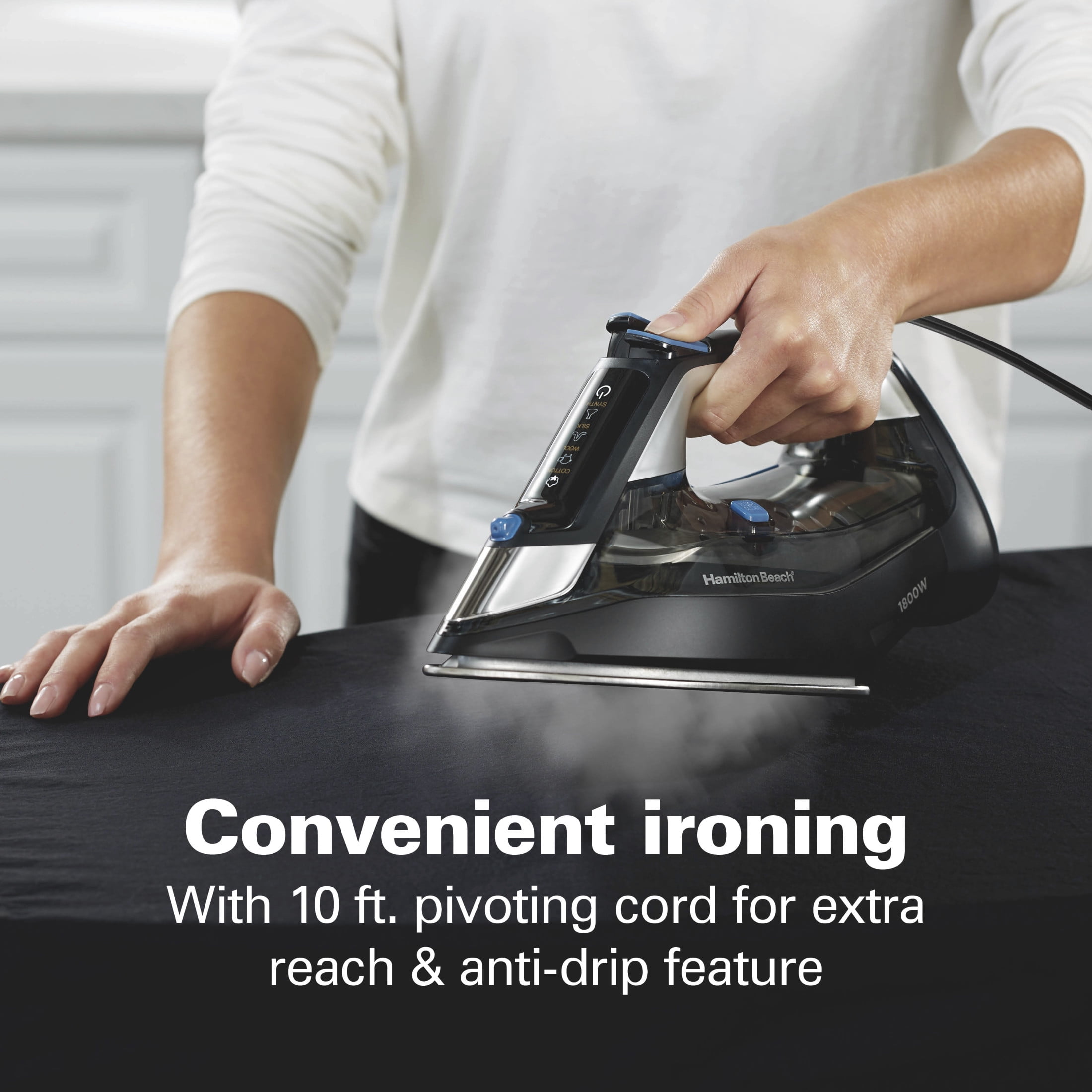 Hamilton Beach FabricIQ Clothing Steam Iron with Intuitive Touchpad & Stainless Steel Soleplate, Black
