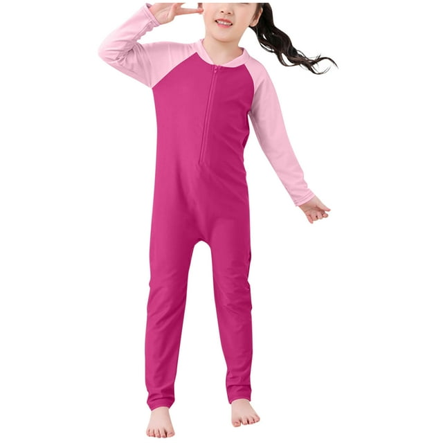 Girls Rash Guard Surfing Bathing Suit Color Block Zipper Front Long Sleeve One Piece Swimsuits for Kids 3-10 Y