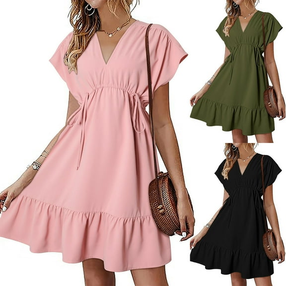 ZZwxWA Womens Sundress Short Sleeve V Neck Drawstring Casual Ruffle A-Line Swing Mini Dress Holiday Dresses