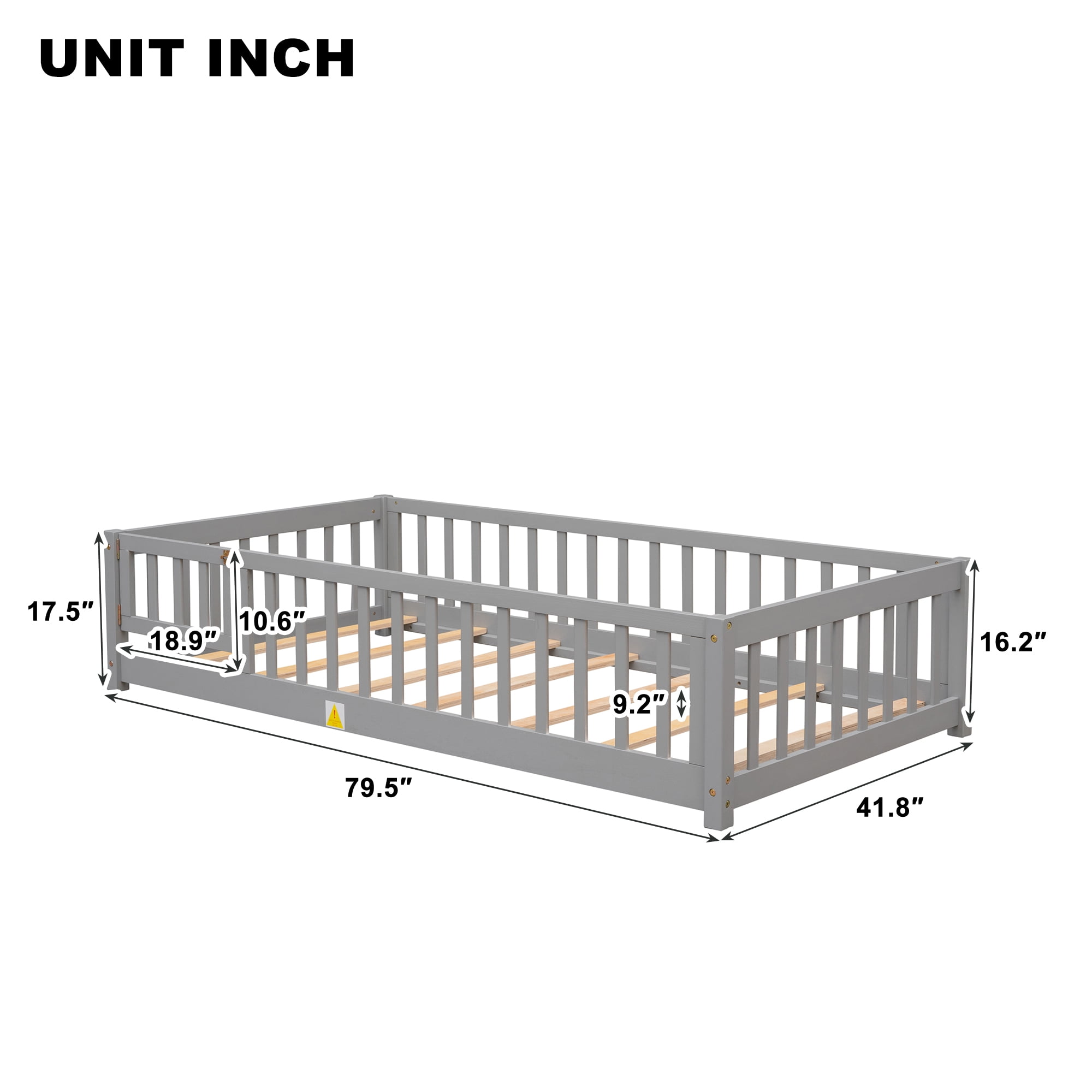Miniyam Twin Size Toddler Floor Bed with Safety Guardrails, Gray