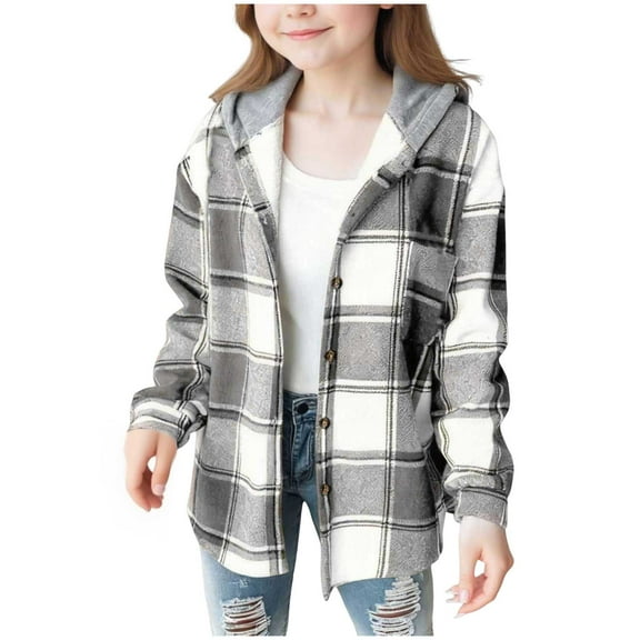 TSHXS Jacket For Girls Girl Fall Clothes Girls Cute Flannel Plaid Button Down Top With Pockets Long Sleeve Hooded Jacket 8-9 Years