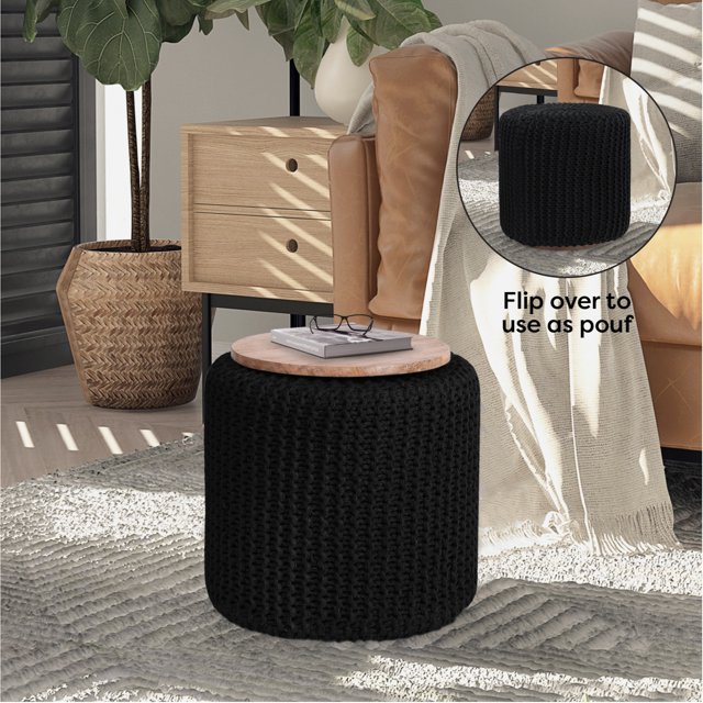 Loft Lyfe Ezio Fil de Coton 3-en-1 Pouf/pouf/table d'Extrémité, Noir