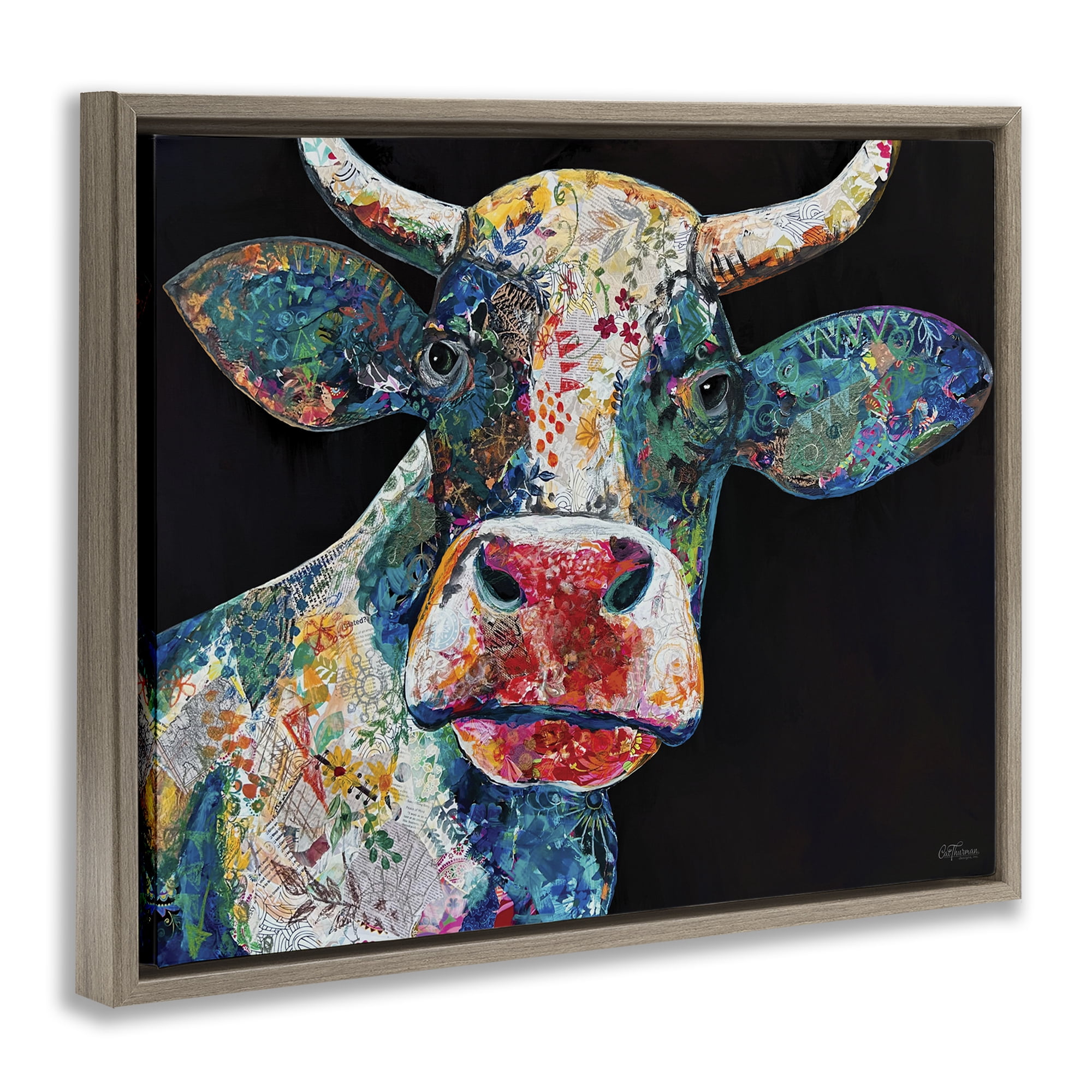 Stupell Industries Paisley Pattern Cow Animals & Insects Painting Brown Floater Framed Canvas Art Print Wall Art, 21 x 17