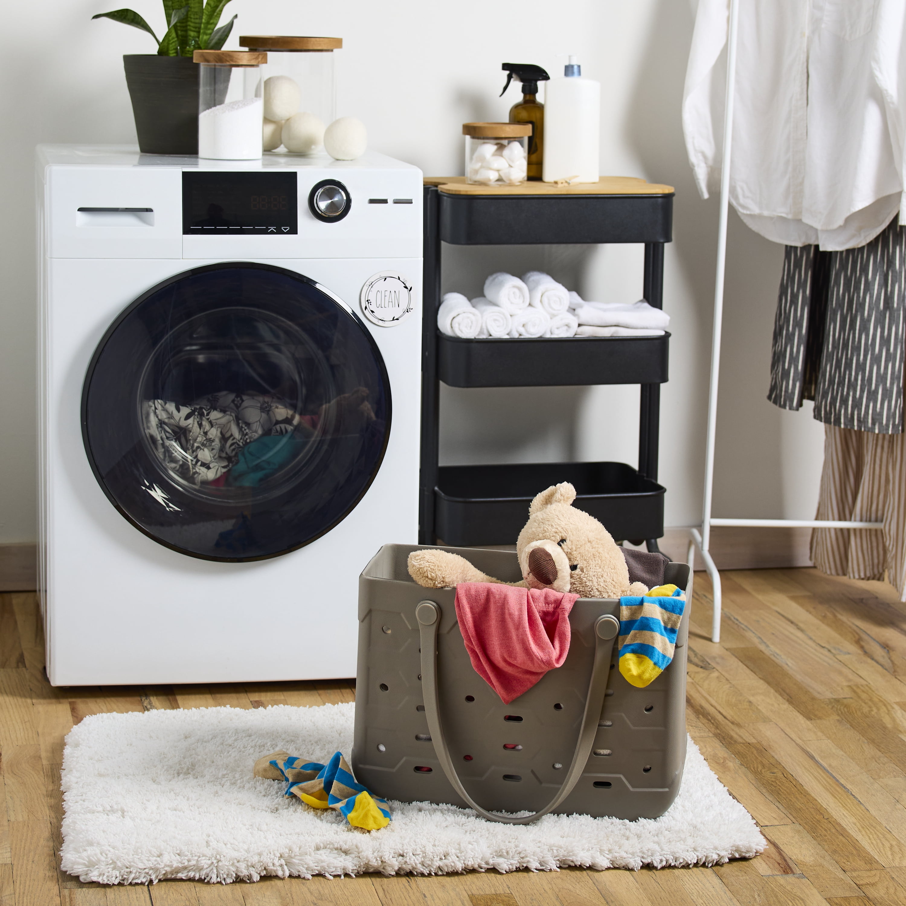 Mainstays Large All Purpose Flex Laundry Tote, Washed Stone – Waterproof & Washable – 18" W x 8.75" D x 13" H