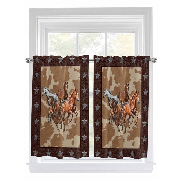 Brown Retro Horse Bathroom Window Curtain, Vintage Western Stars Country Light Filtering Coffee Kitchen Curtains, Bedroom Living Room Curtains 2 Panel 84"x54"