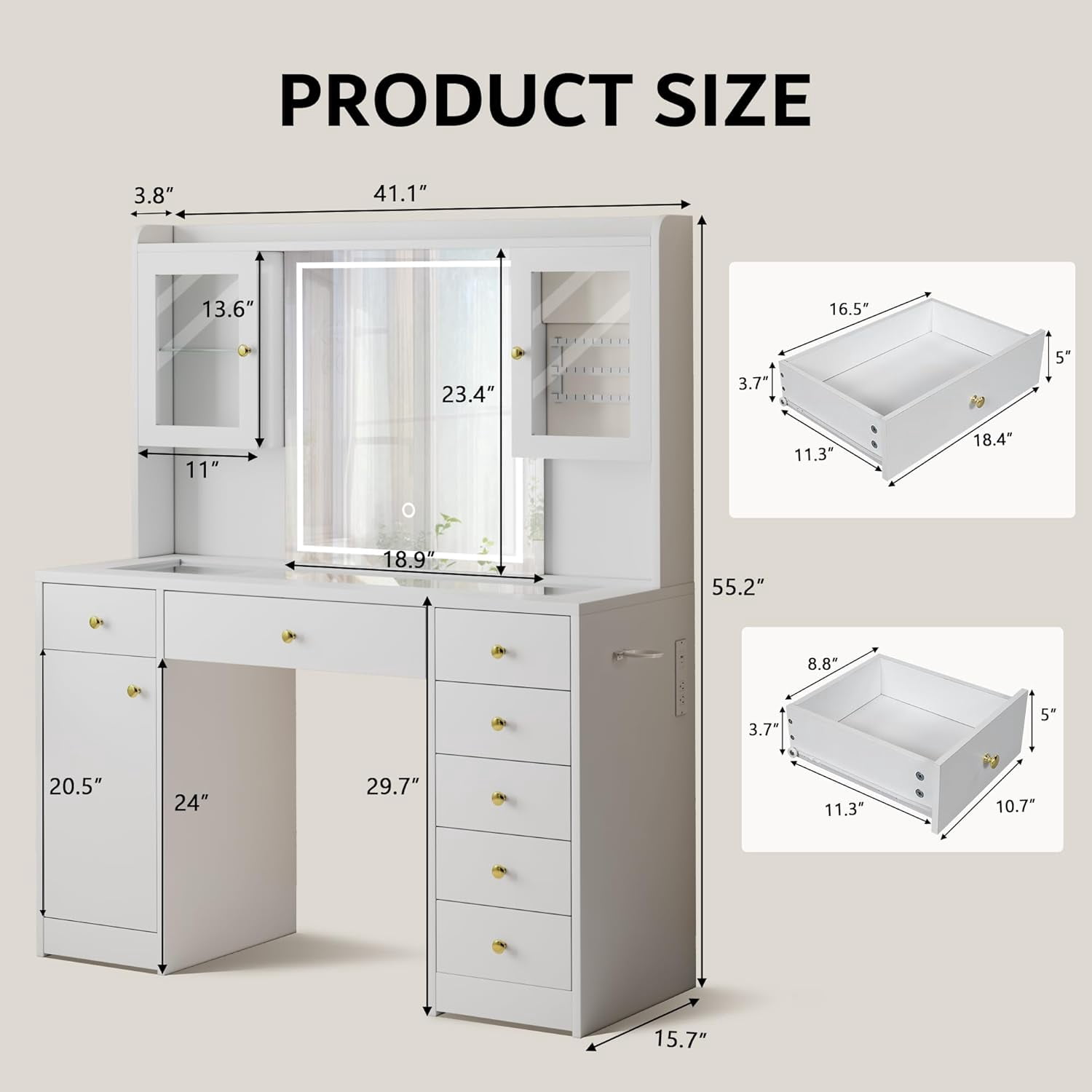 Laisnet White Makeup Vanity Desk with Mirror, RGB Lights & Power Outlet, Dressing Table with Glass Top & Jewelry Storage, 7 Drawers & 3 Cabinets