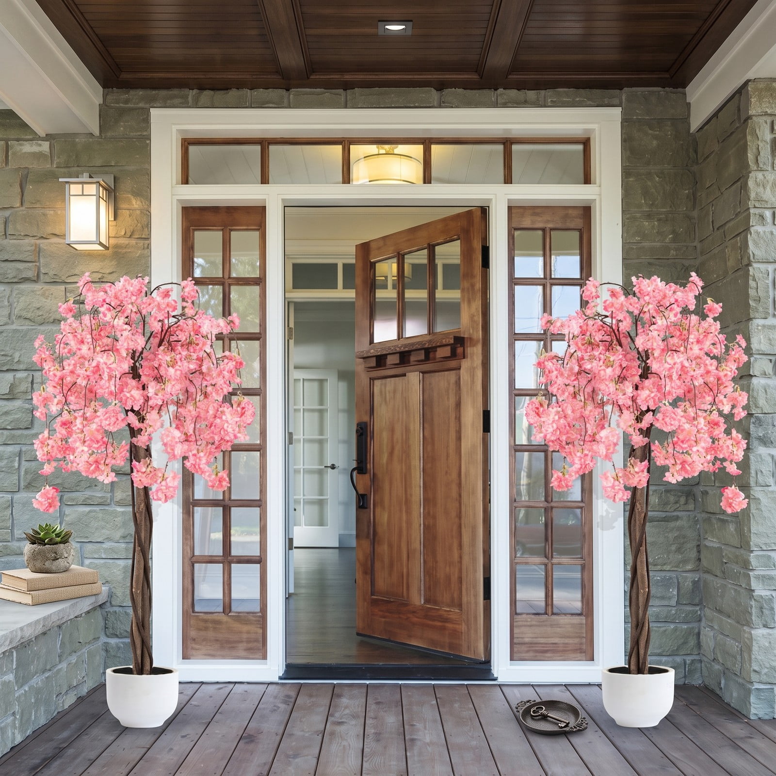 ALPULON 5.5 FT Artificial Cherry Blossom Tree with Pink and White Flowers, Faux Silk Sakura Tree with Solid Wood Trunk and Cement-Filled Pot for Home Office, Pink