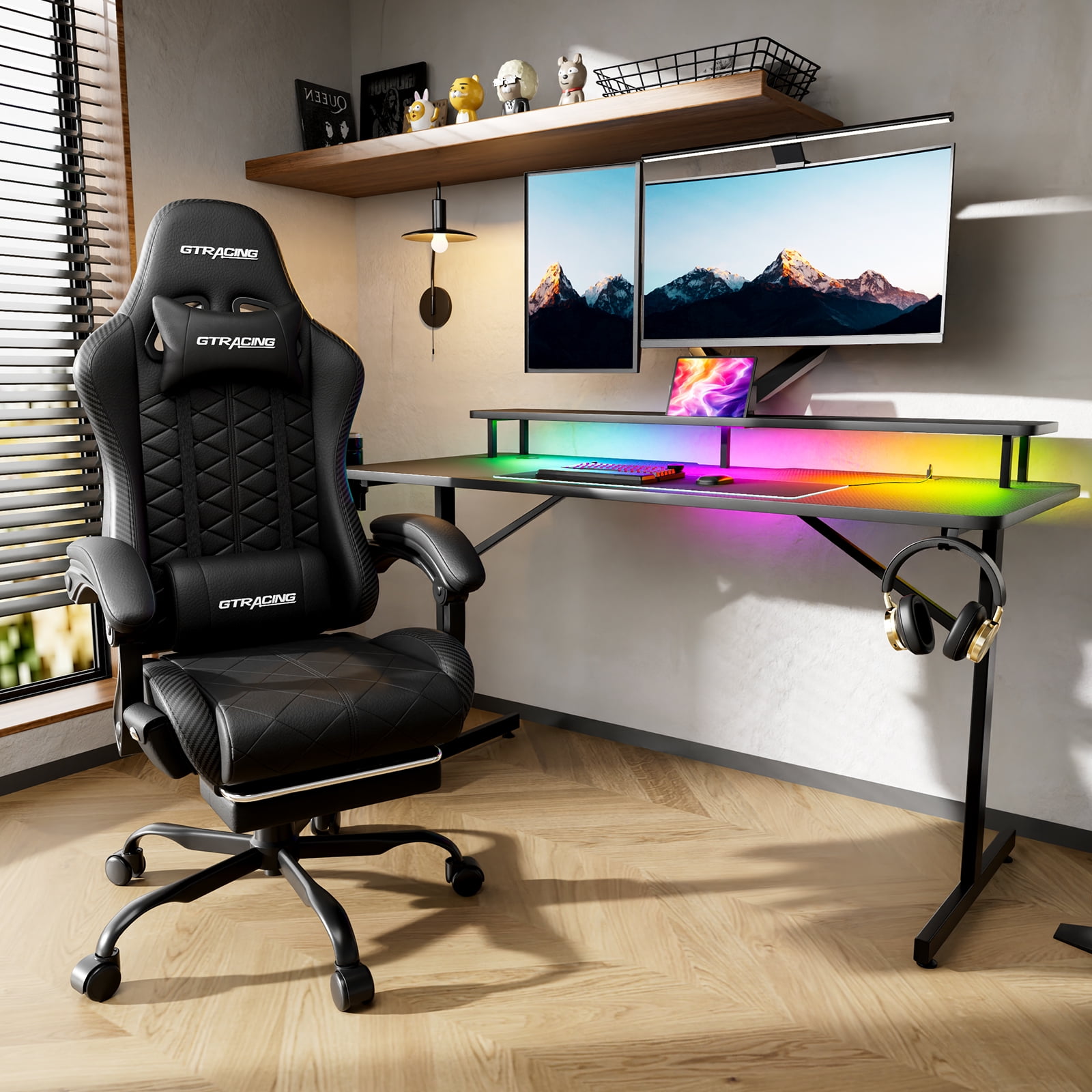 GTRACING LED Gaming Desk and Bluetooth Gaming Chair Set, Black