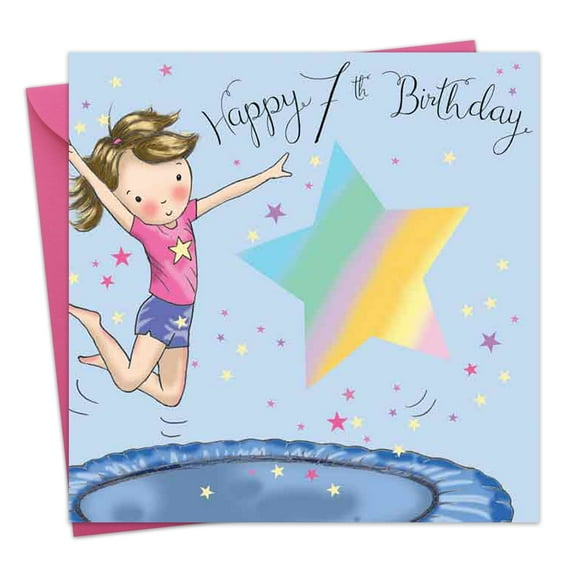 Twizler 7th Birthday Card for Girls - Trampoline - Children's Age 7 Happy Birthday Greeting Card for Daughter Granddaughter Niece Kids