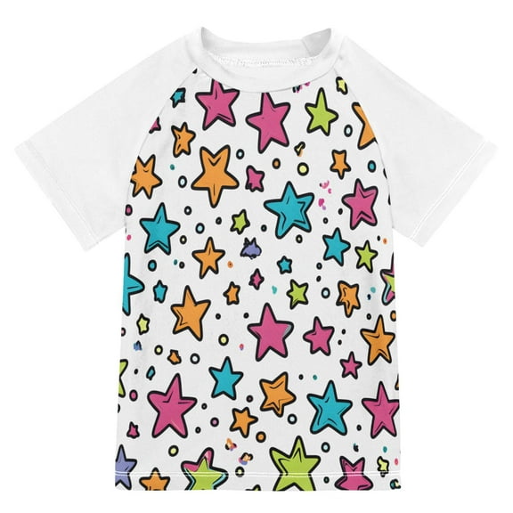 FORMRS Boys Rash Guard with Short Sleeves UPF 50 Swim Shirts Sizes 3-12T, White Stars