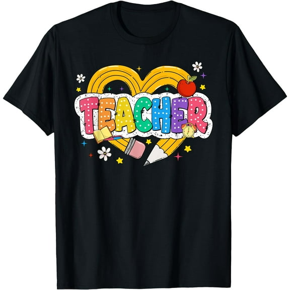 Retro Teacher Heart Pencil Colorful Groovy School Teachers T-Shirt