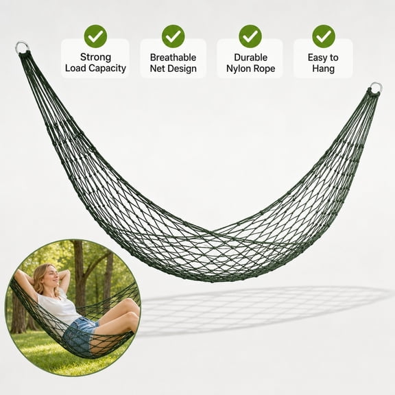 Rope Hammock with Rings 98.4x59 Inch, Single Person Nylon Mesh Hammock for Camping, Outdoor Hanging Net Hammock with Carry Bag, Army Green