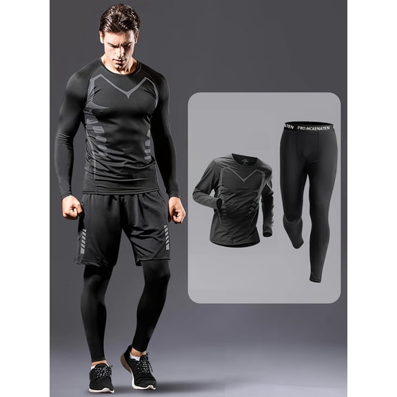 alpinario Men'S Fitness Set 2pcs, Elastic Quick-Dry Training Print Long Sleeve And Pants, Sports Athletic Gym Running Tights, Basketball Compression Suit, Night Hiking Riding Casual Workout Tracksuit
