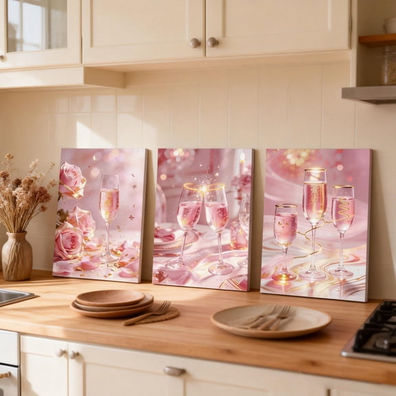 Pink Kitchen Wall Decor Set of 3, Champagne Wine Glass Canvas Wall Art, Modern Feminine Dining Room Pictures, Ready to Hang Decorative Prints, 12x16 Inch