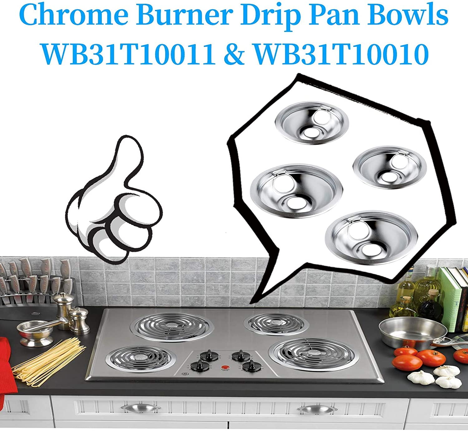 Stove Drip Pans for GE Hotpoint Electric Stove Range,4 Pack Chrome Drip Pans Includes 2 Pack 8 inch WB31T10011 and 2 Pack for 6 Inch WB31T10010 Burner