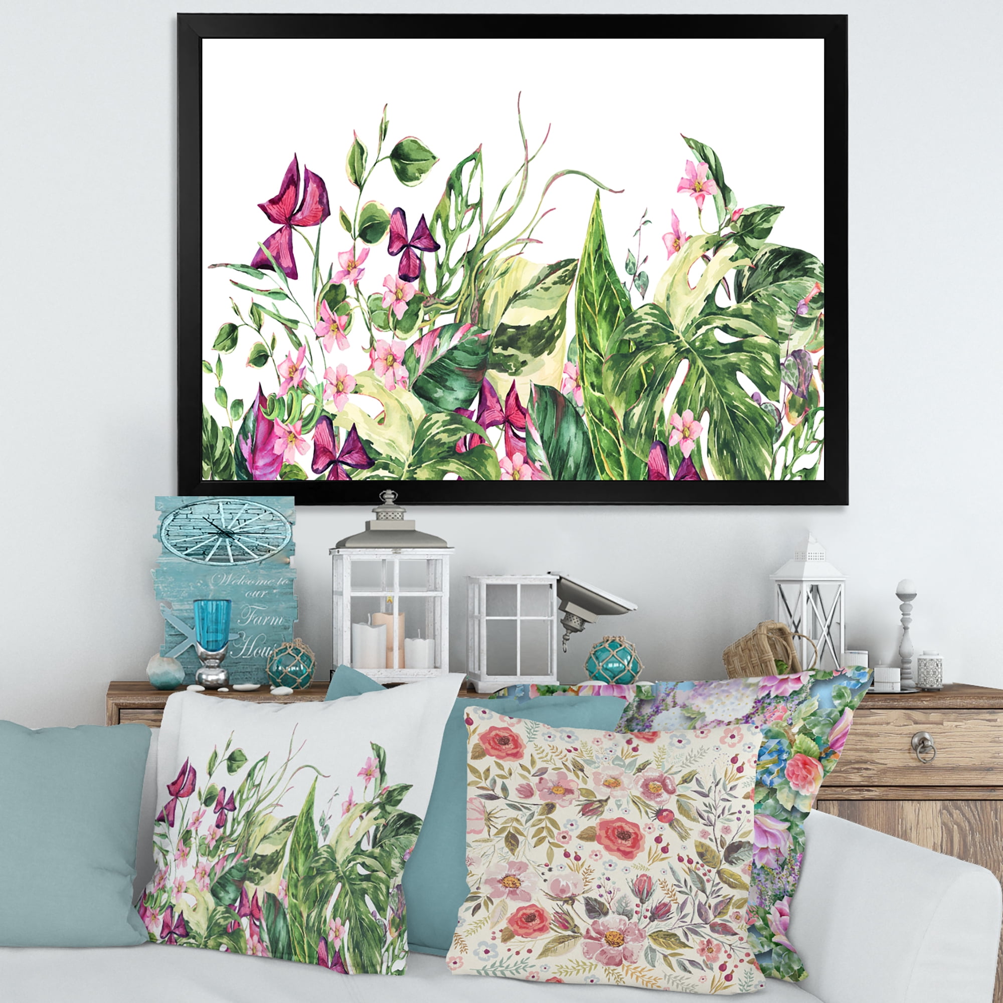 Designart 'Ancient Floral Tropical Leaves I' Tropical Framed Art Print