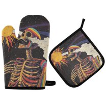 Yayeee Oven Mitts and Pot Holder Set of 2 Heat Resistant Kitchen Gloves Baking Hot Pad, Colorful Skeleton with Cloud