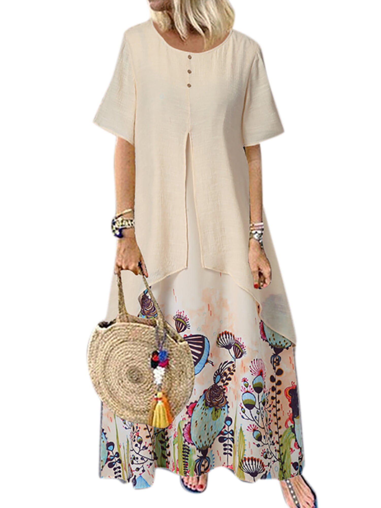 Womens Plus Size Maxi Dress Casual Loose False Two-piece Kaftan Summer  Sundress - Walmart.com