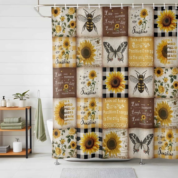 Shower Curtains for Bathroom, Sunflowers Waterproof Fabric Shower Curtain, Retro Country Butterfly Bee Floral Plaid Decorative Bathroom Curtain for Bathtub, 36"x72", No Hooks Included